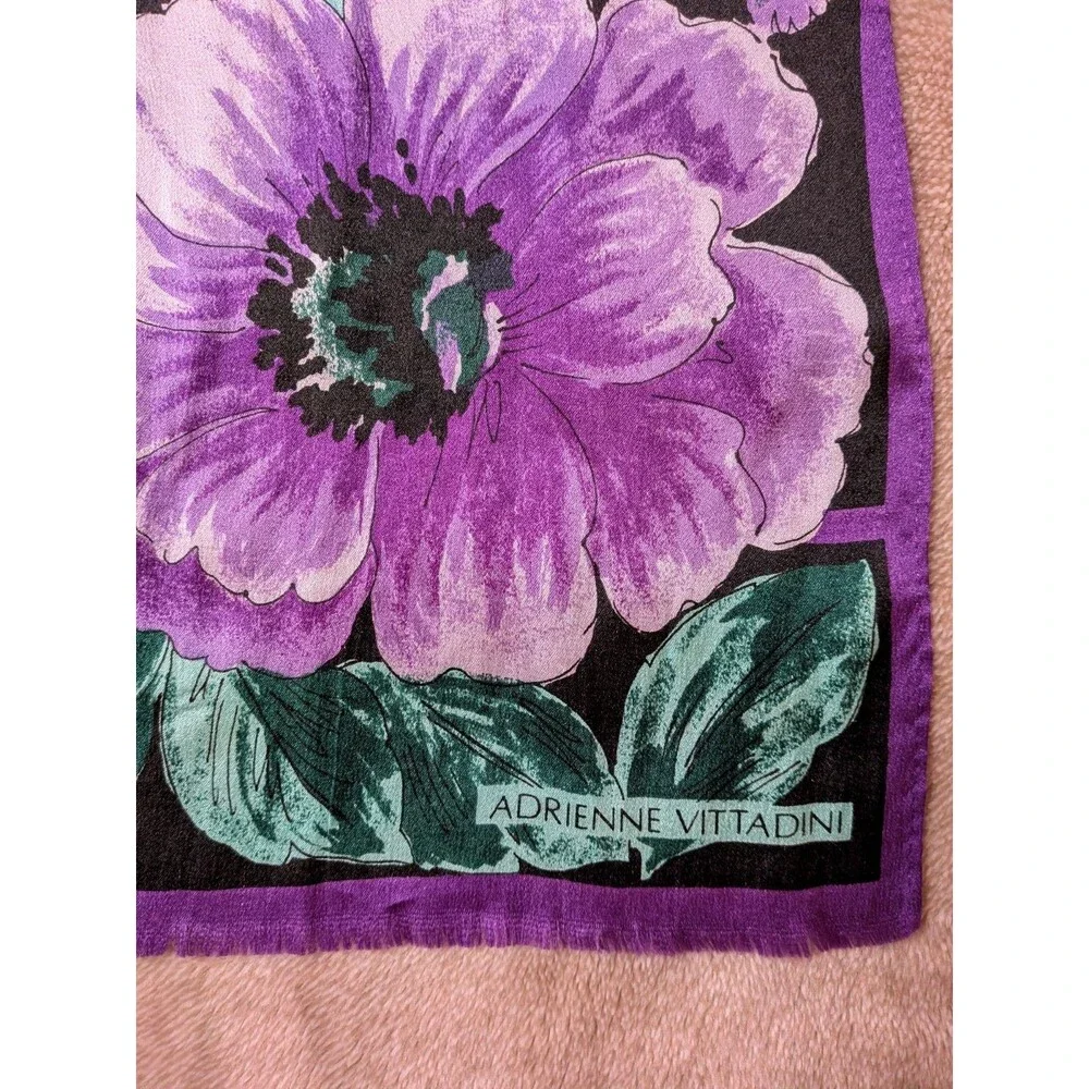 Adrienne Vittadini Floral Scarf Purple Pink Green Black Silky 11x53 Vintage